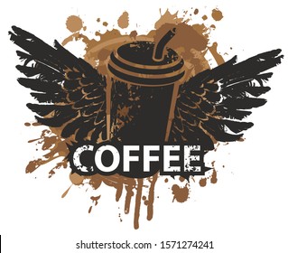 Vector image with a disposable paper coffee cup with straw and wings on the background of coffee stains and splashes in grunge style. Creative abstract banner on the theme of coffee and coffee house