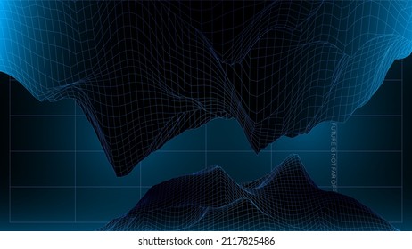Vector image of distorted holographic neon mesh in retrofuturism style. HUD elements. Vaporwave synthwave cyberpunk illustration. Design for poster, cover, wallpaper, web, banner, etc.