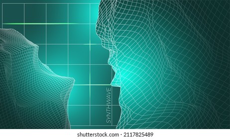 Vector image of distorted holographic neon mesh in retrofuturism style. HUD elements. Vaporwave synthwave cyberpunk illustration. Design for poster, cover, wallpaper, web, banner, etc.