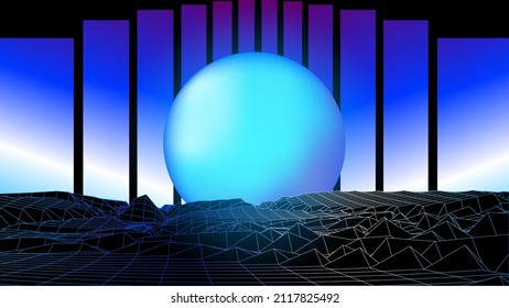 Vector image of distorted holographic neon mesh in retrofuturism style. HUD elements. Vaporwave synthwave cyberpunk illustration. Design for poster, cover, wallpaper, web, banner, etc.