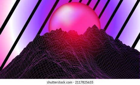 Vector image of distorted holographic neon mesh in retrofuturism style. HUD elements. Vaporwave synthwave cyberpunk illustration. Design for poster, cover, wallpaper, web, banner, etc.