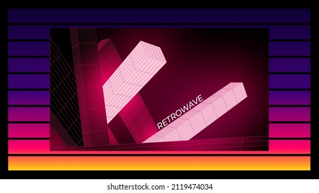 Vector image of distorted holographic neon mesh in retrofuturism style. HUD elements. Vaporwave synthwave cyberpunk illustration. Design for poster, cover, wallpaper, web, banner, etc.