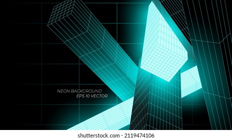 Vector image of distorted holographic neon mesh in retrofuturism style. HUD elements. Vaporwave synthwave cyberpunk illustration. Design for poster, cover, wallpaper, web, banner, etc.