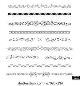 Vector image. Dividers, hands draw set. Border imitation pencil, simple and scrolls with floral elements, ornaments.