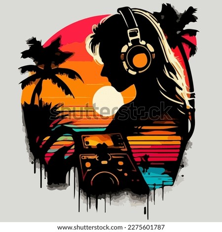 Vector image of a DJ girl. Girl on the background of palm trees, ocean and sunset. Disco style sticker for your design