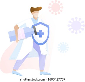 Vector Image of a doctor, holding a vaccine in his hands, who is fighting the coronovirus. Flat illustration.