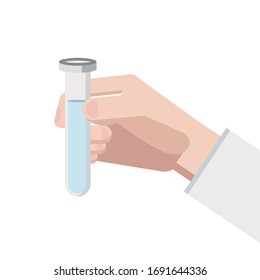 Vector image. The doctor's hand holding a glass test tube with blue liquid.