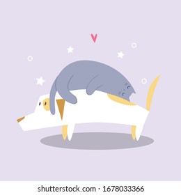 Vector image of an dog and cat. Friends. Cute hugs.