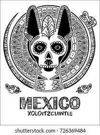 Vector image of a dog in ethnic style. Mexican dog and Mexican skull