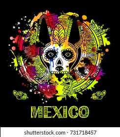 Vector image of a dog in ethnic style. Mexican dog and Mexican skull