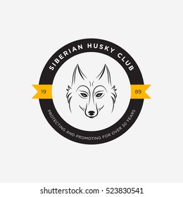 Vector image of a dog siberian husky design on white background and yellow background, Logo, Symbol, Animals. Siberian Husky Club