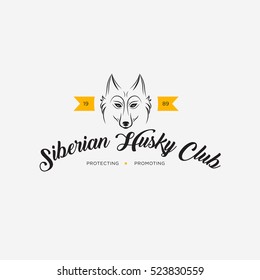 Vector image of a dog siberian husky design on white background and yellow background, Logo, Symbol, Animals. Siberian Husky Club