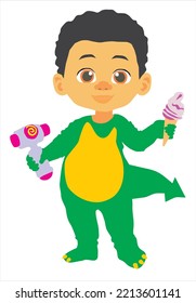 Imagen vectorial de una muñeca. 
Un niño pequeño con ojos marrones grandes 
vestido como un dragón verde con helado y un rattle en
sus manos.