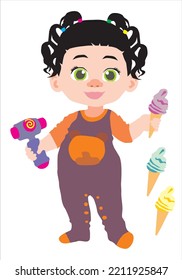 Vector image of a doll. 
A little girl with big green eyes
in a lilac kugurimi jumpsuit with ice cream and a rattle in
her hands.