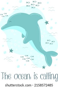 Vector image of a dolphin, starfish and bubbles underwater. Nautical hand-drawn illustration for girl, birthday, holiday, summer party, card, print, clothes. The ocean is calling.