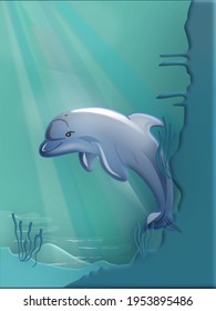 A vector image of Dolphin is swimming under clear blue water, while the sunlight from above ocean shining into the sea. Illustration art project.