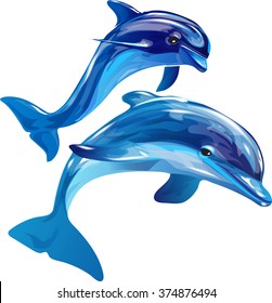 Vector image of dolphins jumping out of the water on a white background