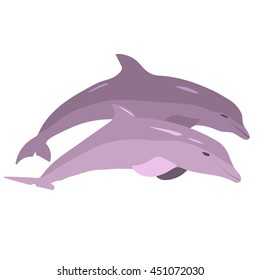 Vector image of dolphins jumping out of the water on a white background. Sea circus.