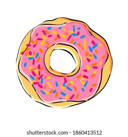 Vector image of a donut with icing and sprinkling. Food sketch of baking and sweet dessert. Hand-drawn bright appetizing treat