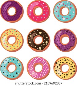 Vector image of donuts. Set with donuts. Multicolored food.