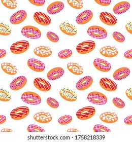 vector image of donuts with strawberry and vanilla cream. seamless pattern. sweets. confectionery products. for printing on wrapping paper, paper cups