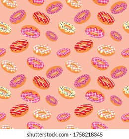vector image of donuts with strawberry and vanilla cream. seamless pattern. sweets. confectionery products. for printing on wrapping paper, paper cups