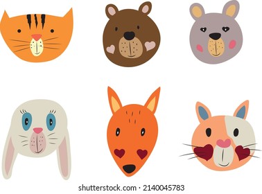 Vector image of doodle animals. Animals for children. The rotten muzzles of wild animals.