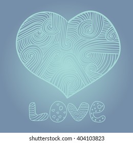 Vector image of doodle hearts with text love, blue outline on a blue background
