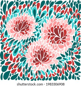 Vector image - doodle ornament in form of chrysanthemums red and pink color and purple and turquoise leaves on white background. For using as background, interior decoration, wallpapers, package