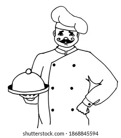 Imagen vectorial, boceto de garabatos, chef con gorra. Emblem, elemento de diseño.