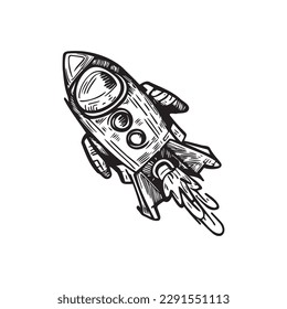 Vector image of a doodle spaceship with a stunning non-color style that is suitable for interesting space theme designs. Made with a sketching technique that gives a unique and artistic impression to 
