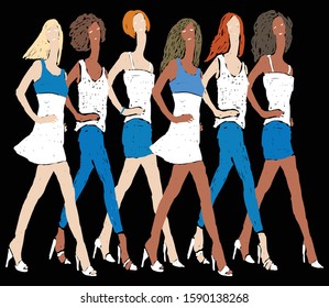 Vector image of doodles girls  in denim summer clothing striding on catwalk