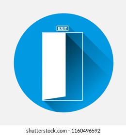  Vector image of a door with an inscription exit on blue background. Flat image door with long shadow. Layers grouped for easy editing illustration. For your design.