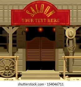 Vector image of the door of the Saloon in Wild West with a red signboard