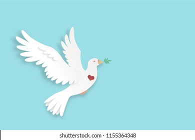 Vector Image Of A Dove Flying Against A Blue Sky. A Symbol Of Hope. White Dove With A Red Heart On His Chest And A Green Twig In His Beak. Modern Paper Cut Effect.