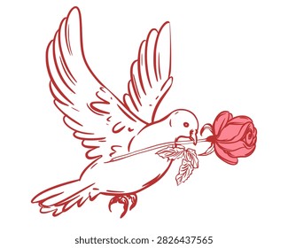 Vector image of a dove with a rose. A white pigeon flies into the sky, holding a flower in its beak. A symbol of love and fidelity. Valentine's Day clipart. A gift idea for a loved one. Line art.