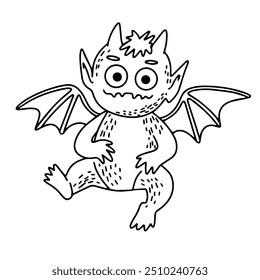 Vector image. Drawing of a cartoon monster with wings. Halloween. Coloring page, doodles