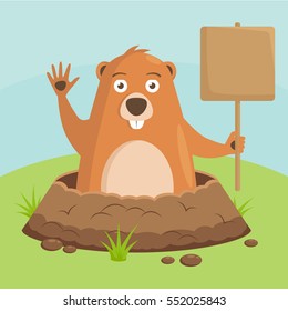 Vector image, drawing to the day of the celebration of Groundhog. Celebratory background. Festival beginning of spring.