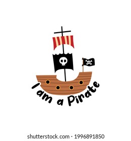 Vector image. Drawing of a pirate ship. Children's image to decorate.