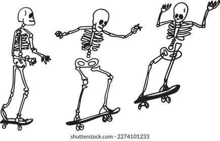 Vector image of a drawing of a Skeleton jumping on a skateboard, transition of images, street art, funny and strange at the same time. Ideal for prints for t-shirts, stickers, covers, cups, wallpapers