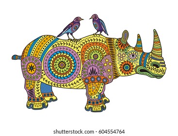 Vector image drawing style Zentangle colored rhinoceros with bird on top