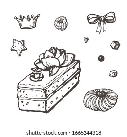 Vector image of a drawn biscuit cake surrounded by crowns, stars, raspberries, chocolate chips and cookies on a white background