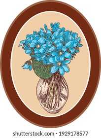 Vector image of drawn bouquet blue violets in oval picture frame