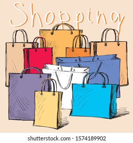 Vector image of drawn colorful shopping bags. All objects isolated.