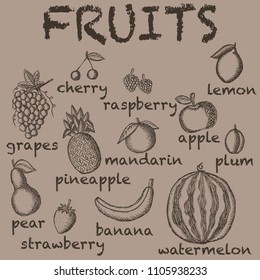 Vector image of the drawn fruit on a brown background with the inscriptions under each icon. Graphic vintage illustration.