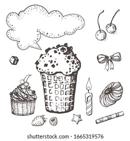 Vector image of a drawn ice cream cup with place for text and various sweets around on a white background.