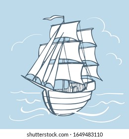 Vector image of a drawn ship among waves and clouds on a blue background.