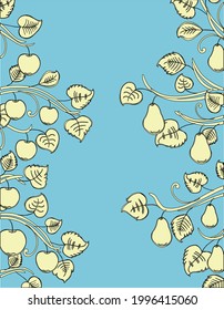 Vector image of drawn yellow branches fruit trees on blue background
