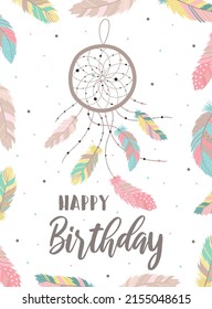 Vector image of a dreamcatcher in boho style with frame of feathers and words Happy Birthday. Hand-drawn illustration by national American motifs for baby, cards, flyers, posters, prints, holiday