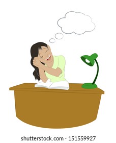 Vector image of dreaming girl with a table